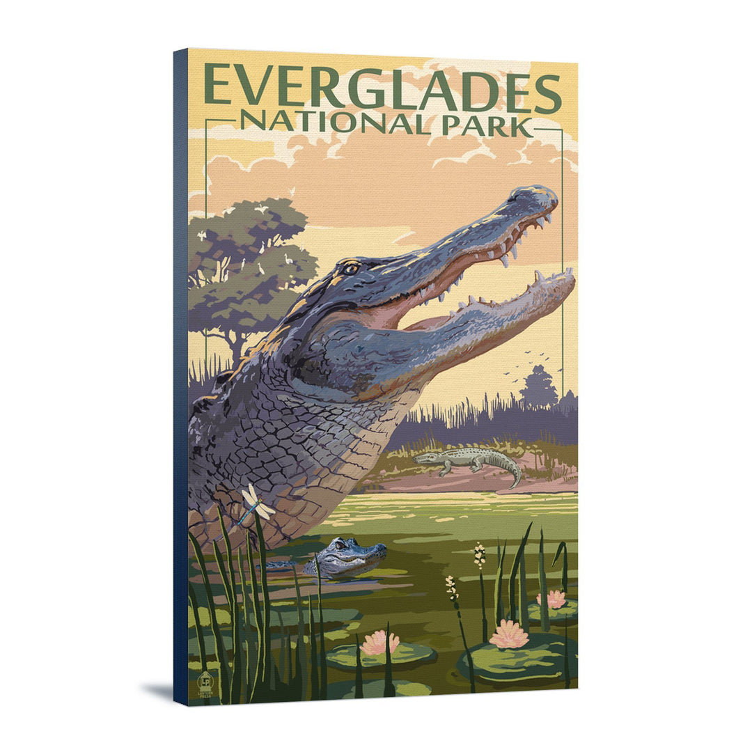 The Everglades National Park, Florida, Alligator Scene, Painterly National Park Series, Lantern Press Artwork, Stretched Canvas Canvas Lantern Press