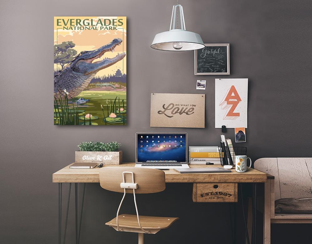 The Everglades National Park, Florida, Alligator Scene, Painterly National Park Series, Lantern Press Artwork, Stretched Canvas Canvas Lantern Press