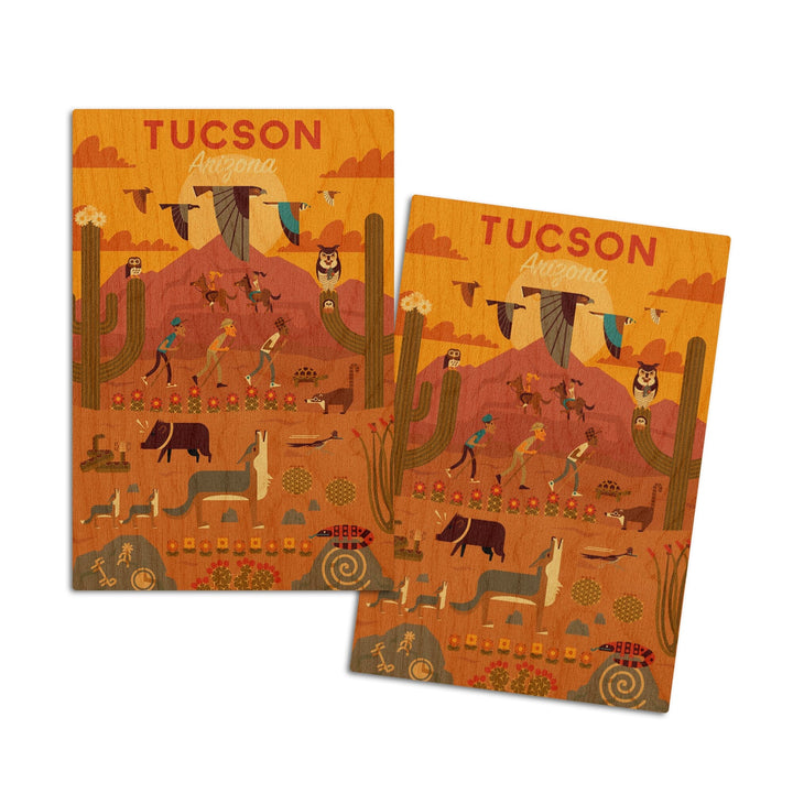 Tucson, Arizona, Geometric, Lantern Press Artwork, Wood Signs and Postcards Wood Lantern Press 4x6 Wood Postcard Set