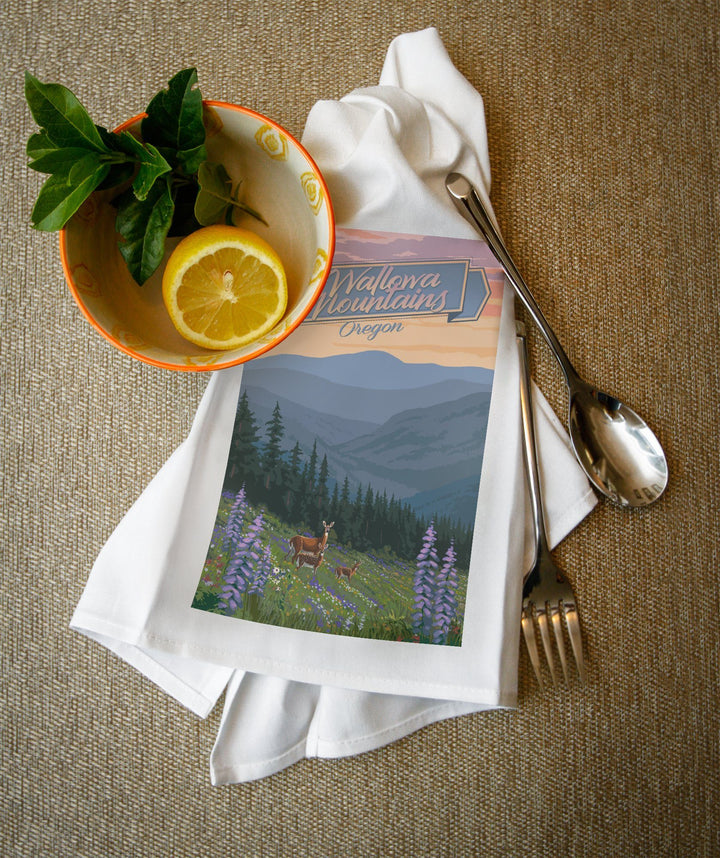 Wallowa Mountains, Oregon, Deer & Spring Flowers, Lantern Press Artwork, Towels and Aprons Kitchen Lantern Press