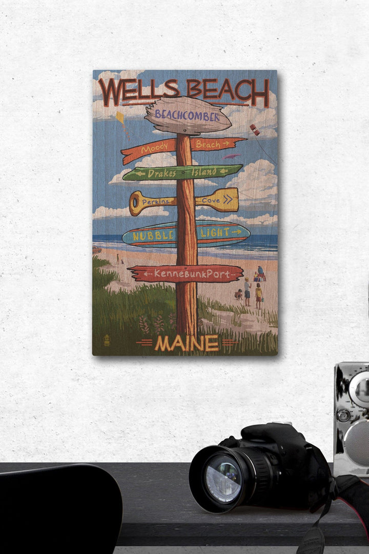 Wells, Maine, Wells Beach, Signpost, Lantern Press Artwork, Wood Signs and Postcards Wood Lantern Press 12 x 18 Wood Gallery Print