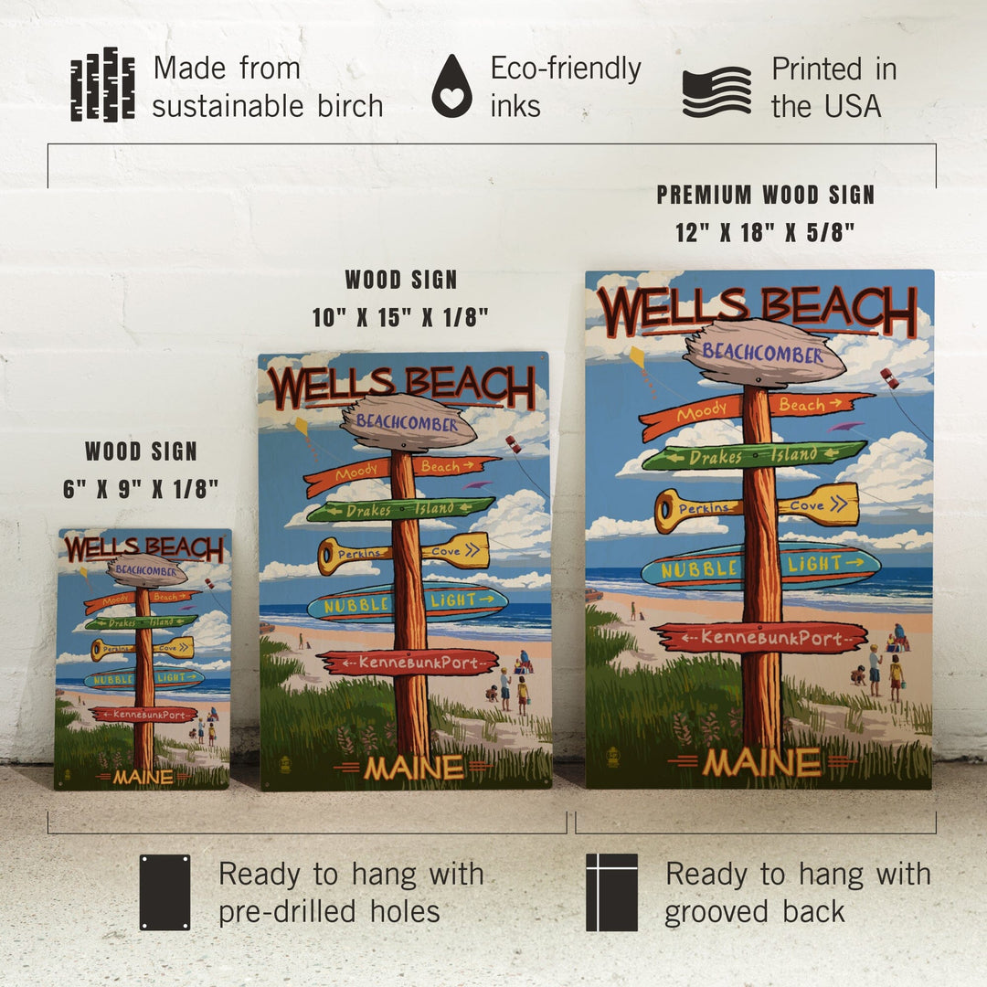 Wells, Maine, Wells Beach, Signpost, Lantern Press Artwork, Wood Signs and Postcards Wood Lantern Press