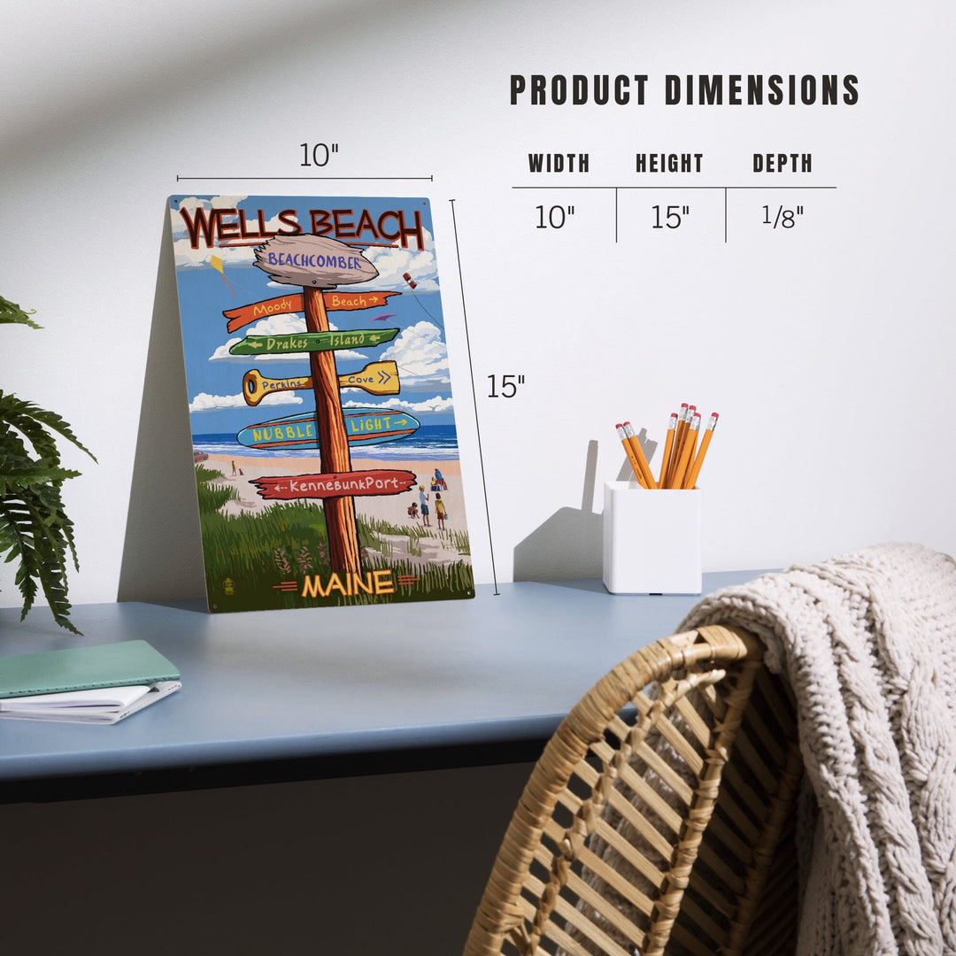 Wells, Maine, Wells Beach, Signpost, Lantern Press Artwork, Wood Signs and Postcards Wood Lantern Press