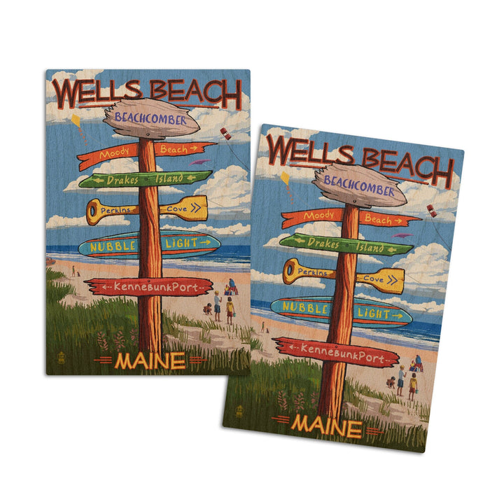 Wells, Maine, Wells Beach, Signpost, Lantern Press Artwork, Wood Signs and Postcards Wood Lantern Press 4x6 Wood Postcard Set