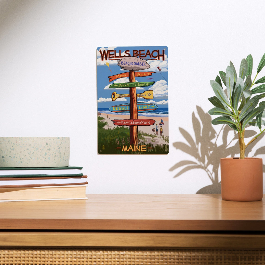 Wells, Maine, Wells Beach, Signpost, Lantern Press Artwork, Wood Signs and Postcards Wood Lantern Press