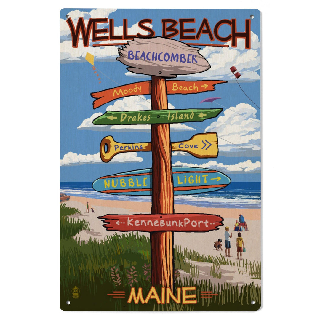 Wells, Maine, Wells Beach, Signpost, Lantern Press Artwork, Wood Signs and Postcards Wood Lantern Press