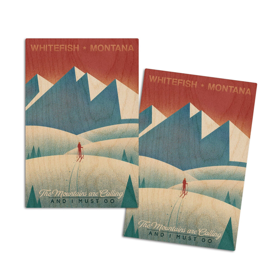 Whitefish, Montana, Skier In the Mountains, Litho, Lantern Press Artwork, Wood Signs and Postcards Wood Lantern Press 4x6 Wood Postcard Set