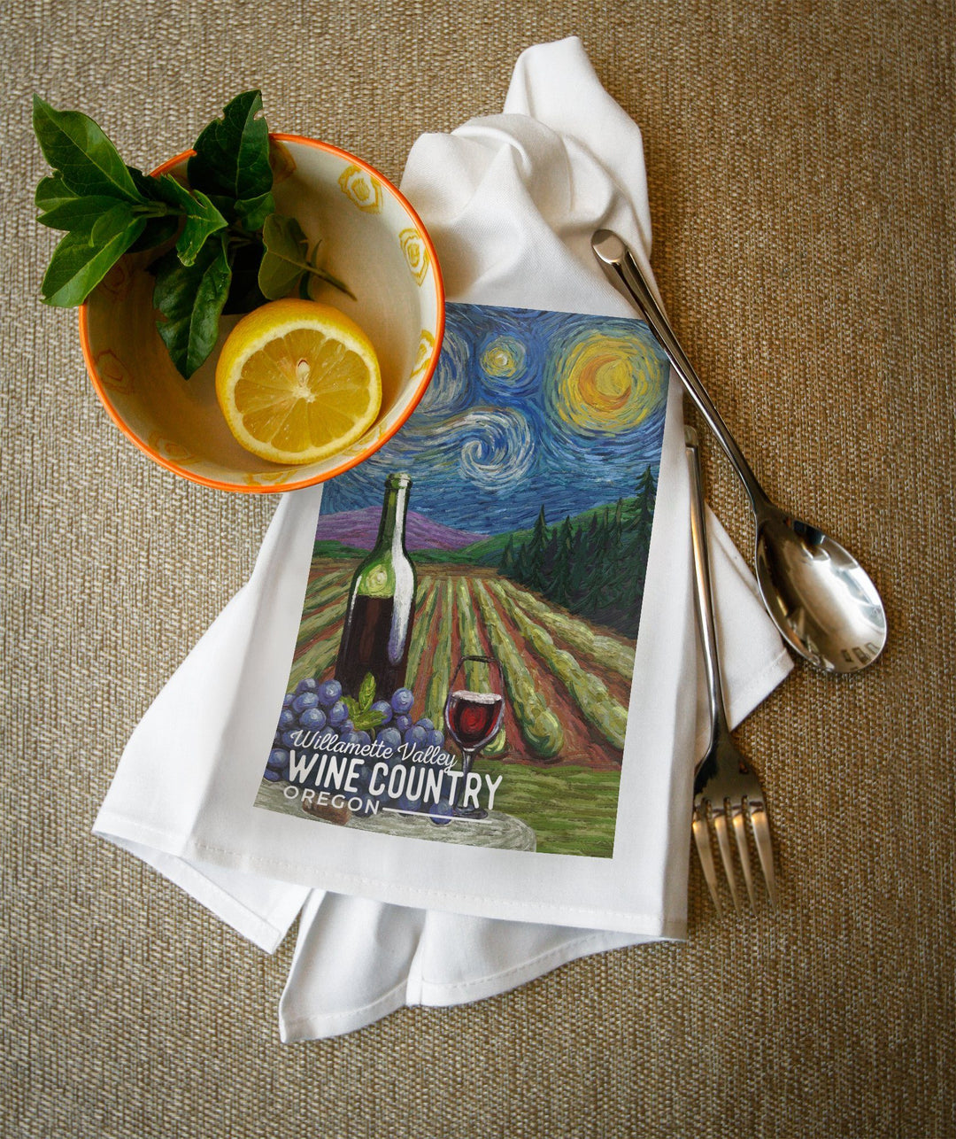 Willamette Valley, Oregon, Wine Country, Starry Night, Lantern Press Artwork, Towels and Aprons Kitchen Lantern Press