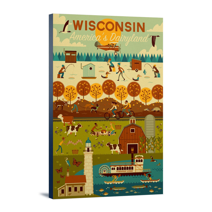 Wisconsin, Geometric, Lantern Press Artwork, Stretched Canvas Canvas Lantern Press 16x24 Stretched Canvas
