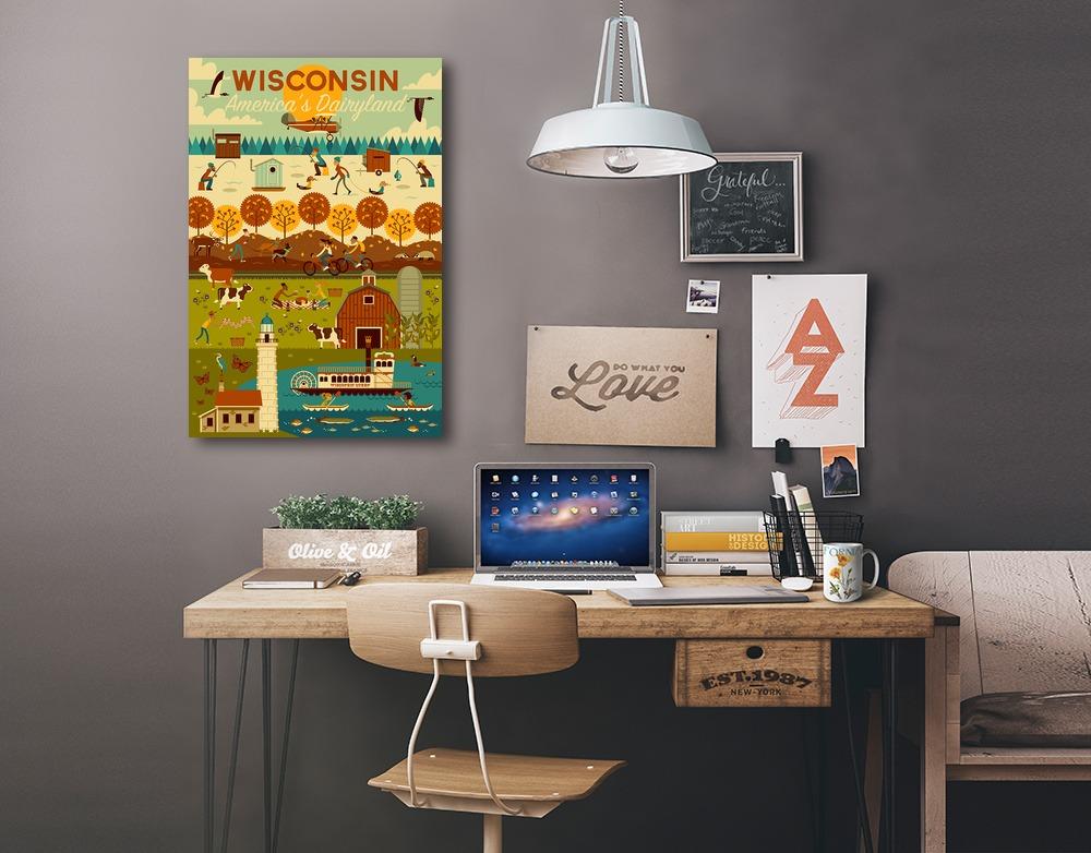 Wisconsin, Geometric, Lantern Press Artwork, Stretched Canvas Canvas Lantern Press