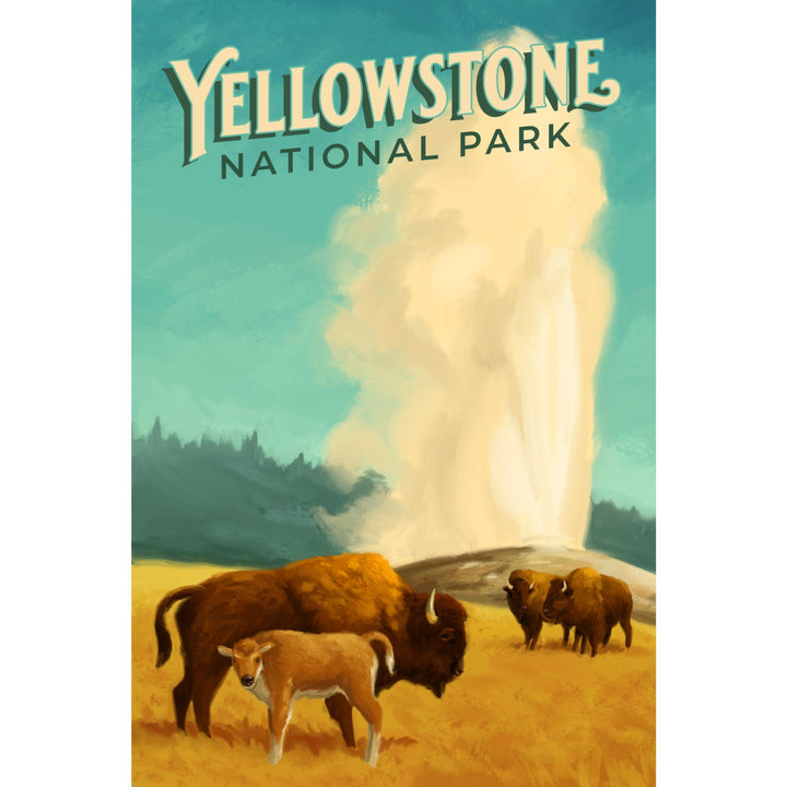 Yellowstone National Park, Old Faithful and Bison, Oil Painting, Lantern Press Artwork, Stretched Canvas Canvas Lantern Press