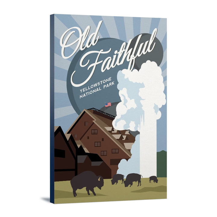 Yellowstone National Park, Old Faithful, Vector with Rays, Lantern Press Artwork, Stretched Canvas Canvas Lantern Press 12x18 Stretched Canvas