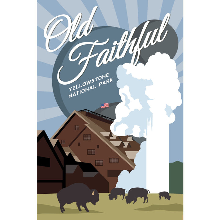 Yellowstone National Park, Old Faithful, Vector with Rays, Lantern Press Artwork, Stretched Canvas Canvas Lantern Press