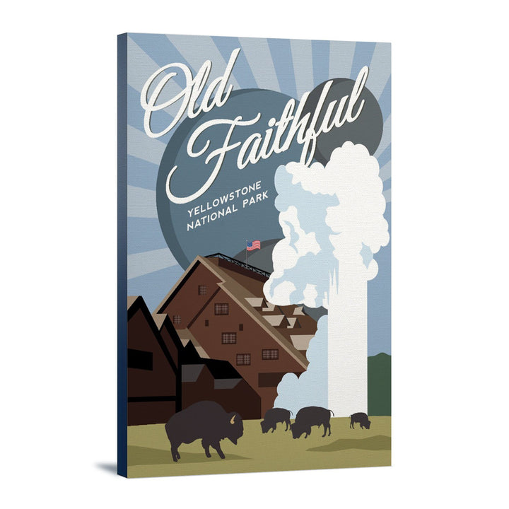 Yellowstone National Park, Old Faithful, Vector with Rays, Lantern Press Artwork, Stretched Canvas Canvas Lantern Press