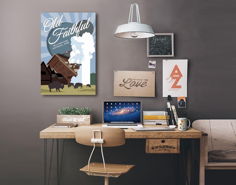 Yellowstone National Park, Old Faithful, Vector with Rays, Lantern Press Artwork, Stretched Canvas Canvas Lantern Press