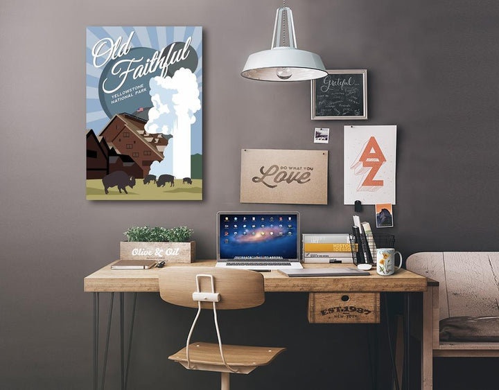 Yellowstone National Park, Old Faithful, Vector with Rays, Lantern Press Artwork, Stretched Canvas Canvas Lantern Press