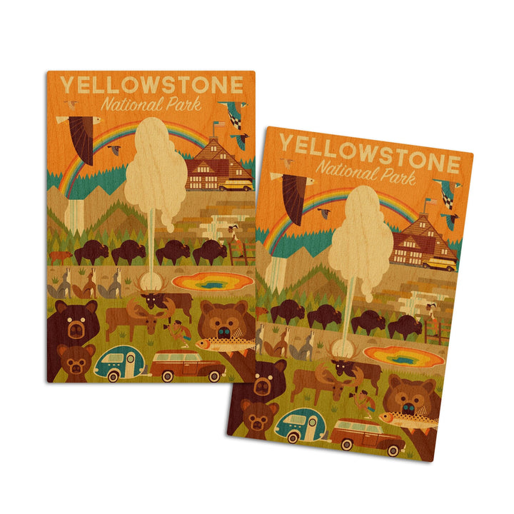 Yellowstone National Park, Wyoming, Geometric National Park Series, Lantern Press Artwork, Wood Signs and Postcards Wood Lantern Press 4x6 Wood Postcard Set