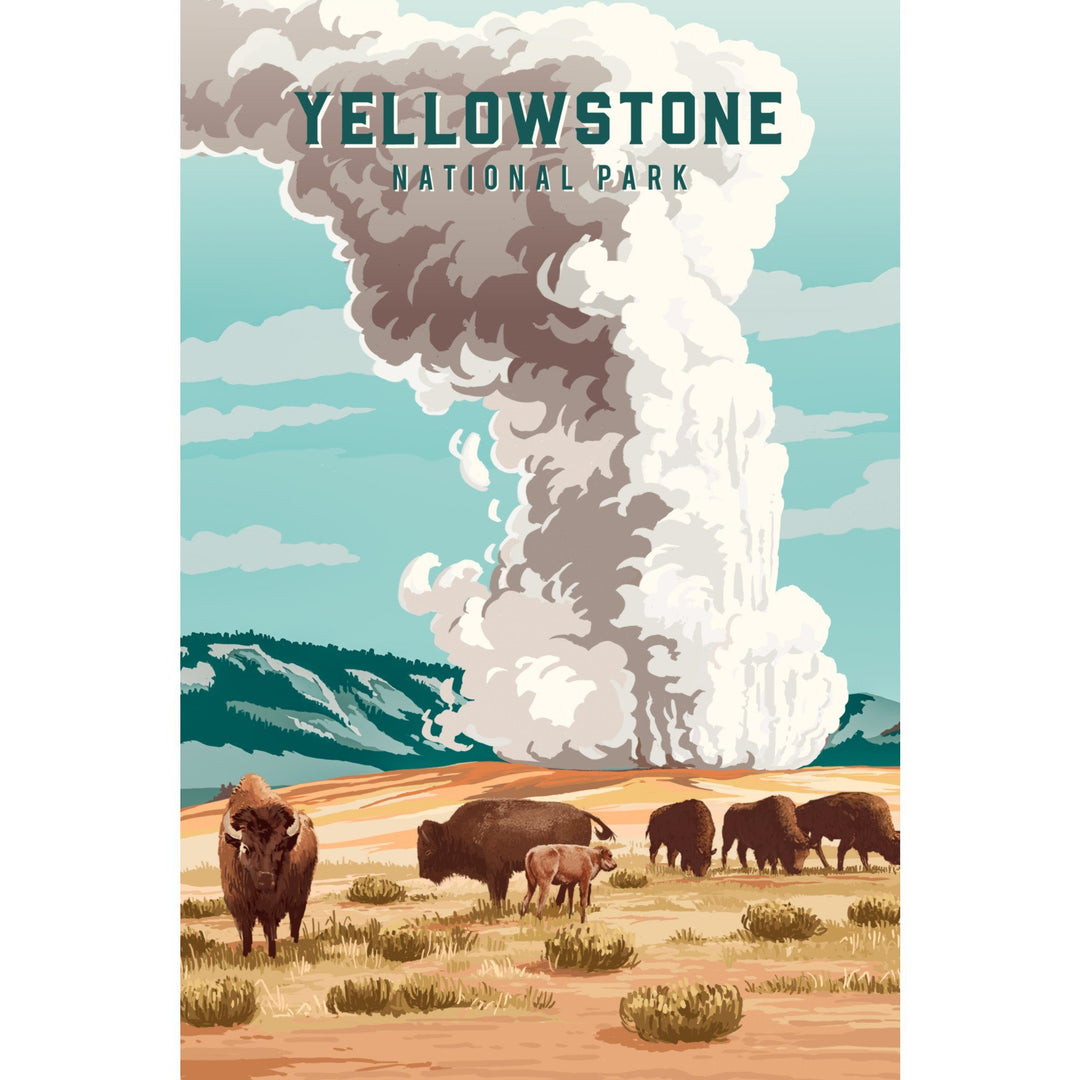 Yellowstone National Park, Wyoming, Painterly, Bison and Geyser, Towels and Aprons Kitchen Lantern Press