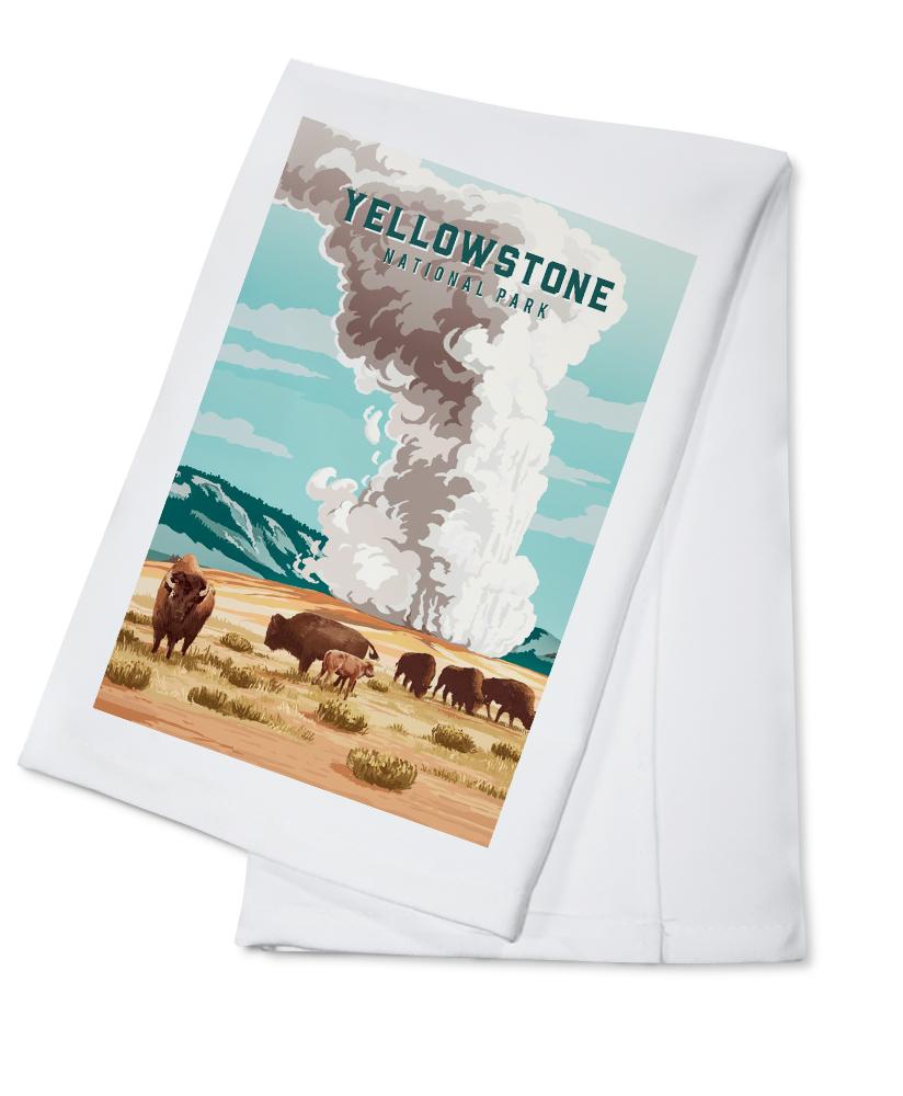 Yellowstone National Park, Wyoming, Painterly, Bison and Geyser, Towels and Aprons Kitchen Lantern Press