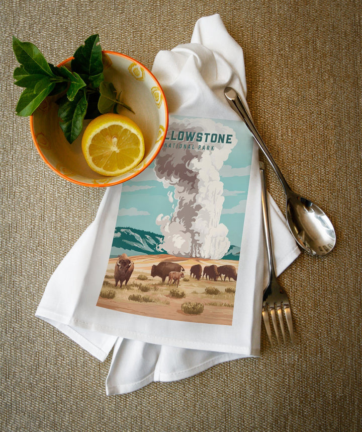 Yellowstone National Park, Wyoming, Painterly, Bison and Geyser, Towels and Aprons Kitchen Lantern Press