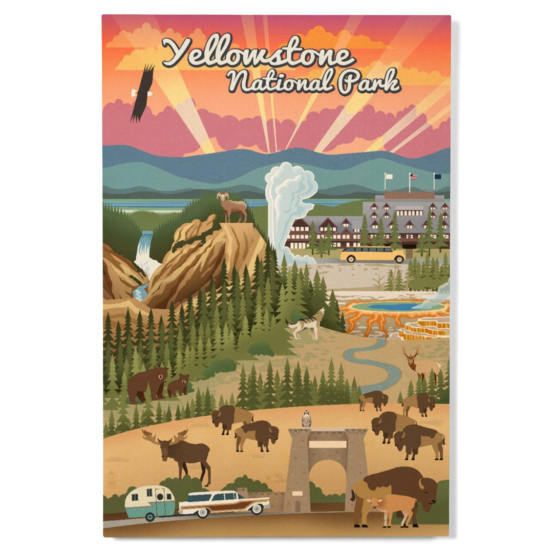 Yellowstone National Park, Wyoming, Retro View, Lantern Press Artwork, Wood Signs and Postcards Wood Lantern Press