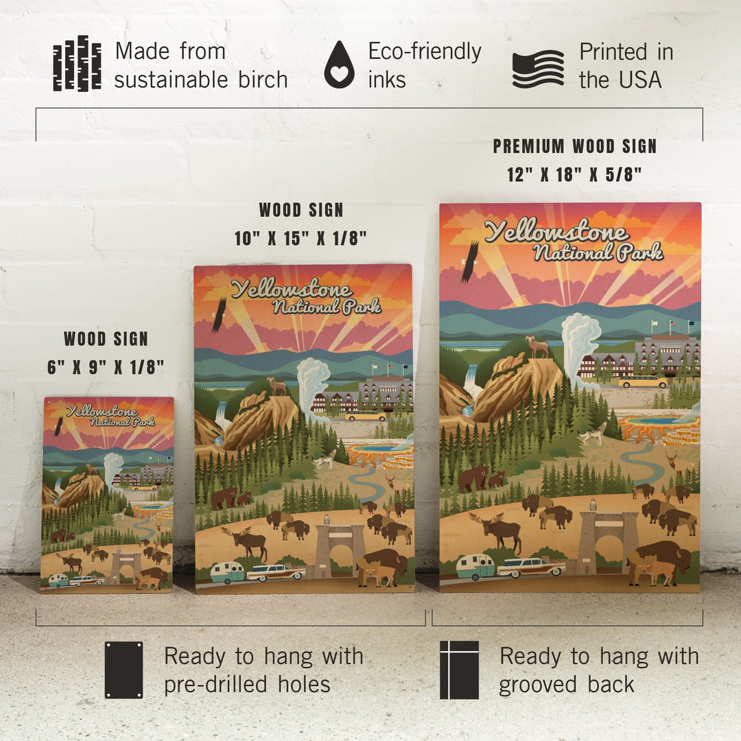 Yellowstone National Park, Wyoming, Retro View, Lantern Press Artwork, Wood Signs and Postcards Wood Lantern Press