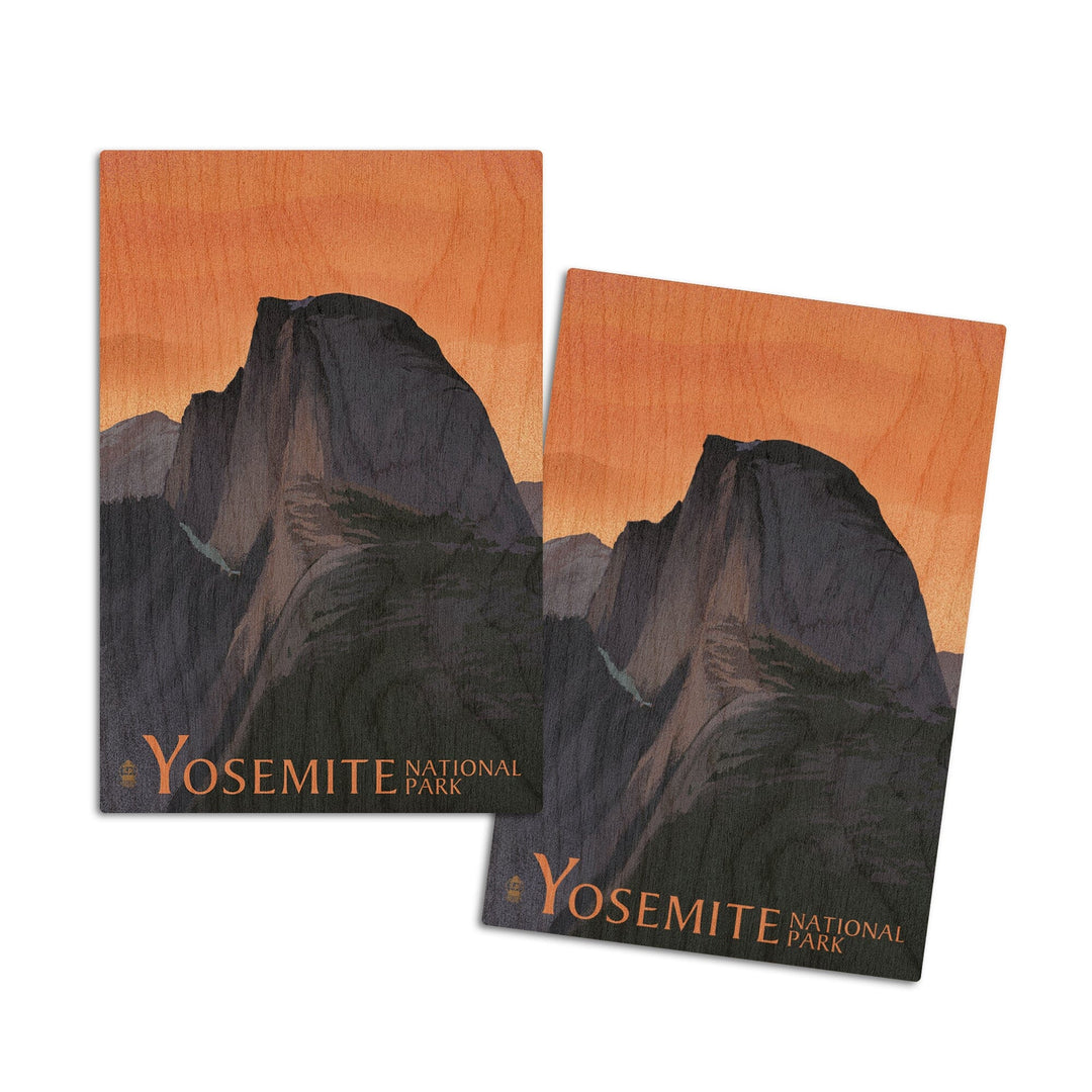 Yosemite National Park, California, Half Dome, Orange Sky, Lithograph, Lantern Press Artwork, Wood Signs and Postcards Wood Lantern Press 4x6 Wood Postcard Set