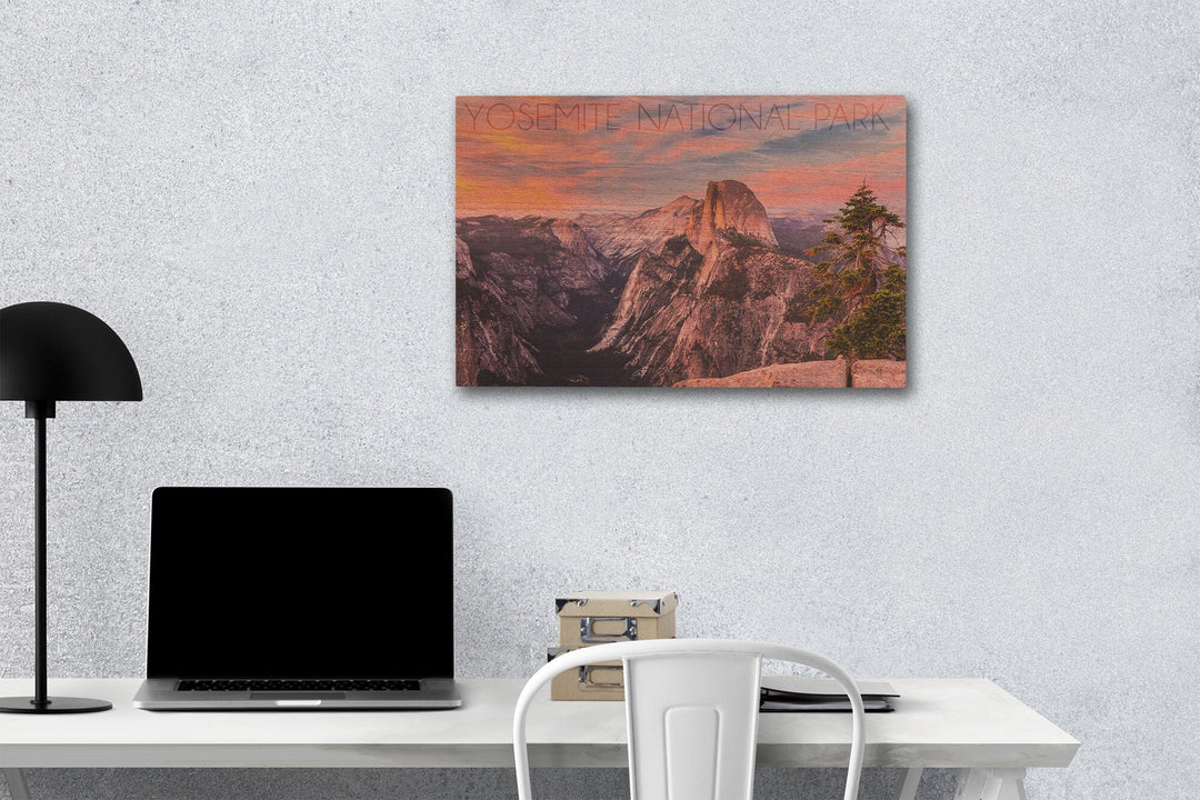 Yosemite National Park, California, Half Dome & Sunset, Lantern Press Photography, Wood Signs and Postcards Wood Lantern Press 12 x 18 Wood Gallery Print