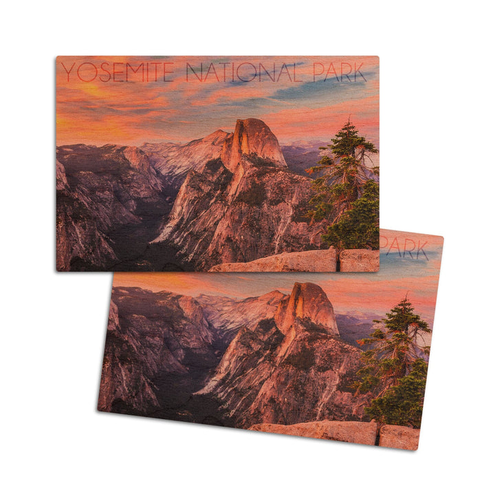 Yosemite National Park, California, Half Dome & Sunset, Lantern Press Photography, Wood Signs and Postcards Wood Lantern Press 4x6 Wood Postcard Set