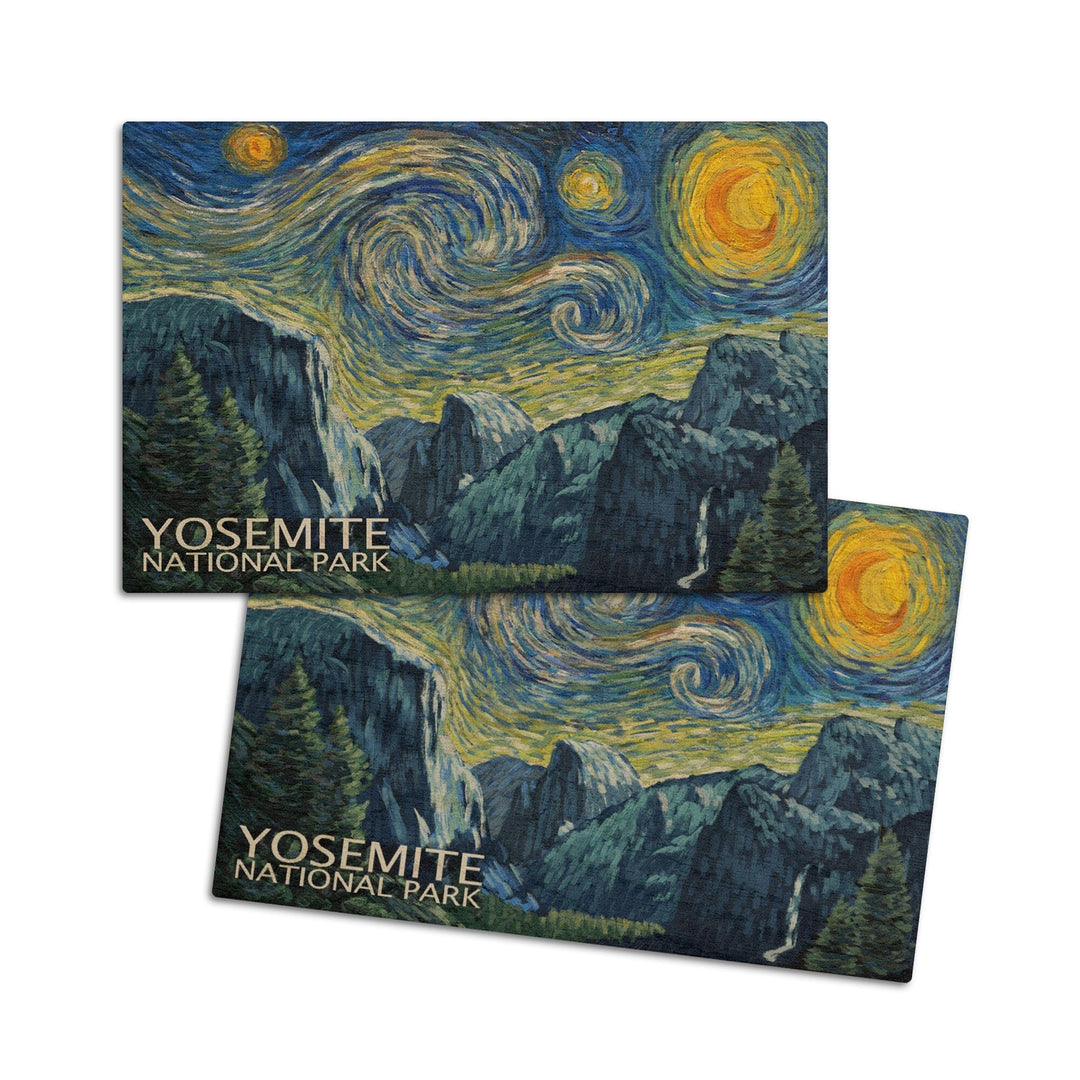 Yosemite National Park, California, Starry Night National Park Series, Lantern Press Artwork, Wood Signs and Postcards Wood Lantern Press 4x6 Wood Postcard Set