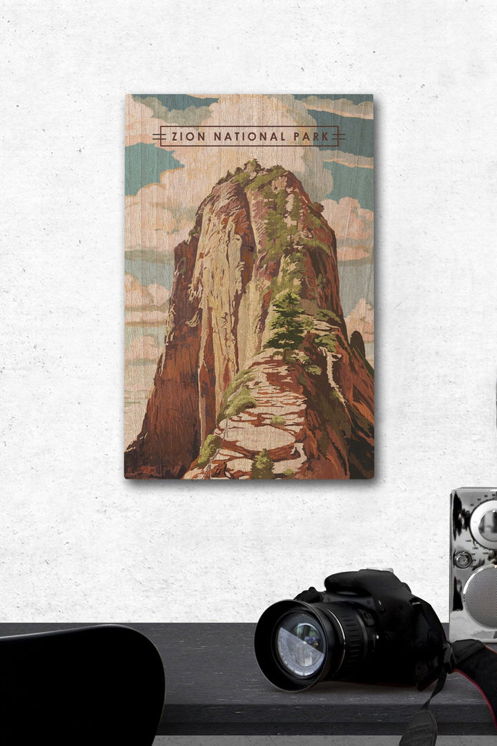 Zion National Park, Utah, Angels Landing, Modern Typography, Wood Signs and Postcards Wood Lantern Press 12 x 18 Wood Gallery Print