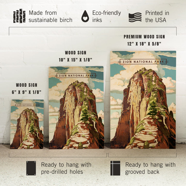 Zion National Park, Utah, Angels Landing, Modern Typography, Wood Signs and Postcards Wood Lantern Press