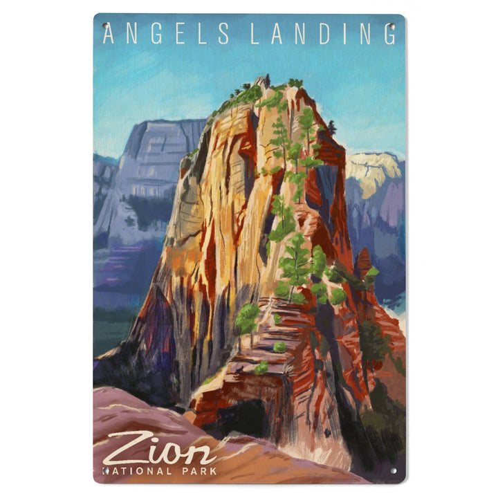 Zion National Park, Utah, Angels Landing, Namedrop, Oil Painting, Lantern Press Artwork, Wood Signs and Postcards Wood Lantern Press