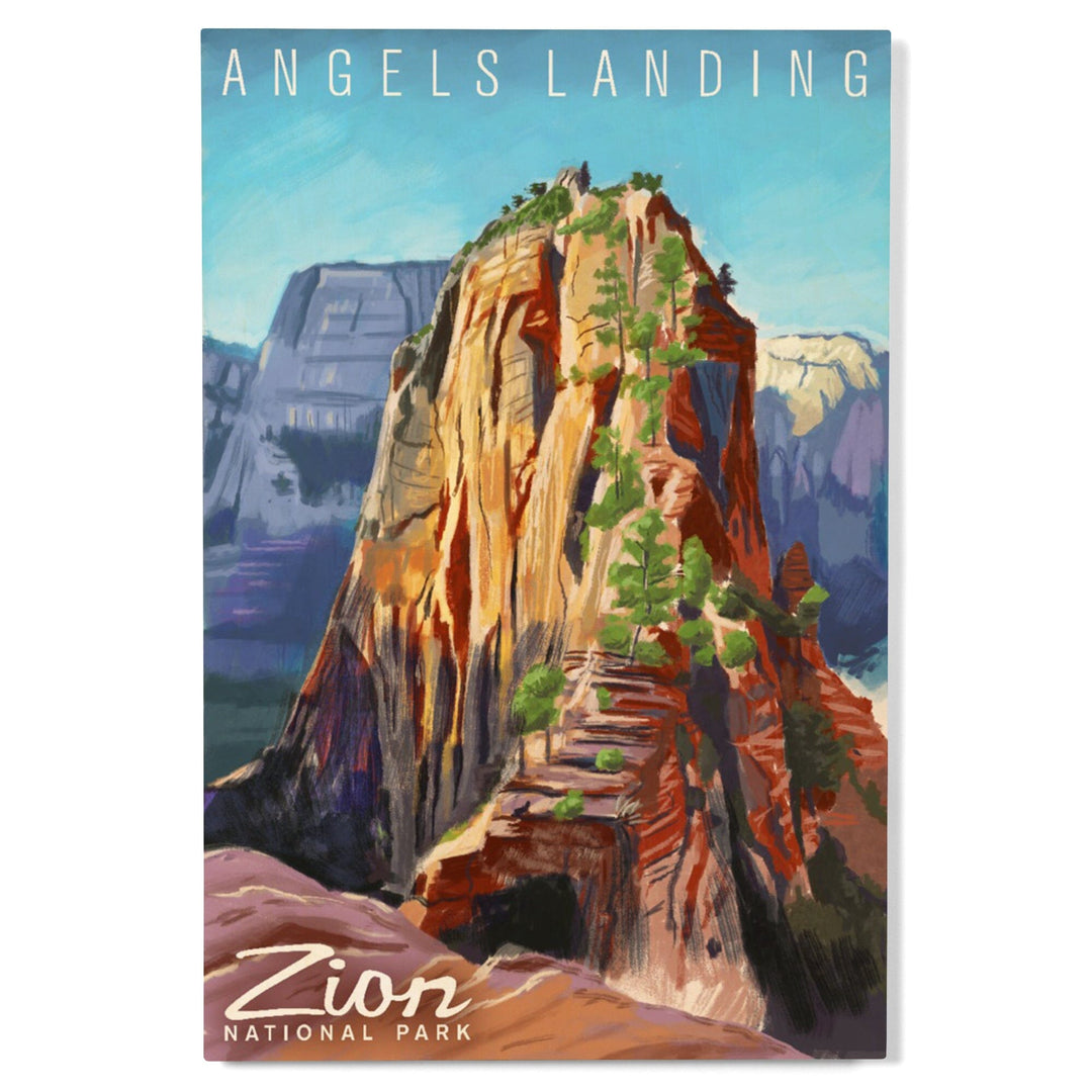 Zion National Park, Utah, Angels Landing, Namedrop, Oil Painting, Lantern Press Artwork, Wood Signs and Postcards Wood Lantern Press