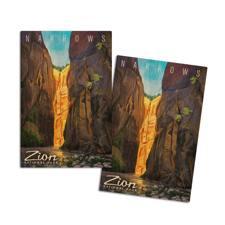 Zion National Park, Utah, Narrows, Namedrop, Oil Painting, Lantern Press Artwork, Wood Signs and Postcards Wood Lantern Press 4x6 Wood Postcard Set