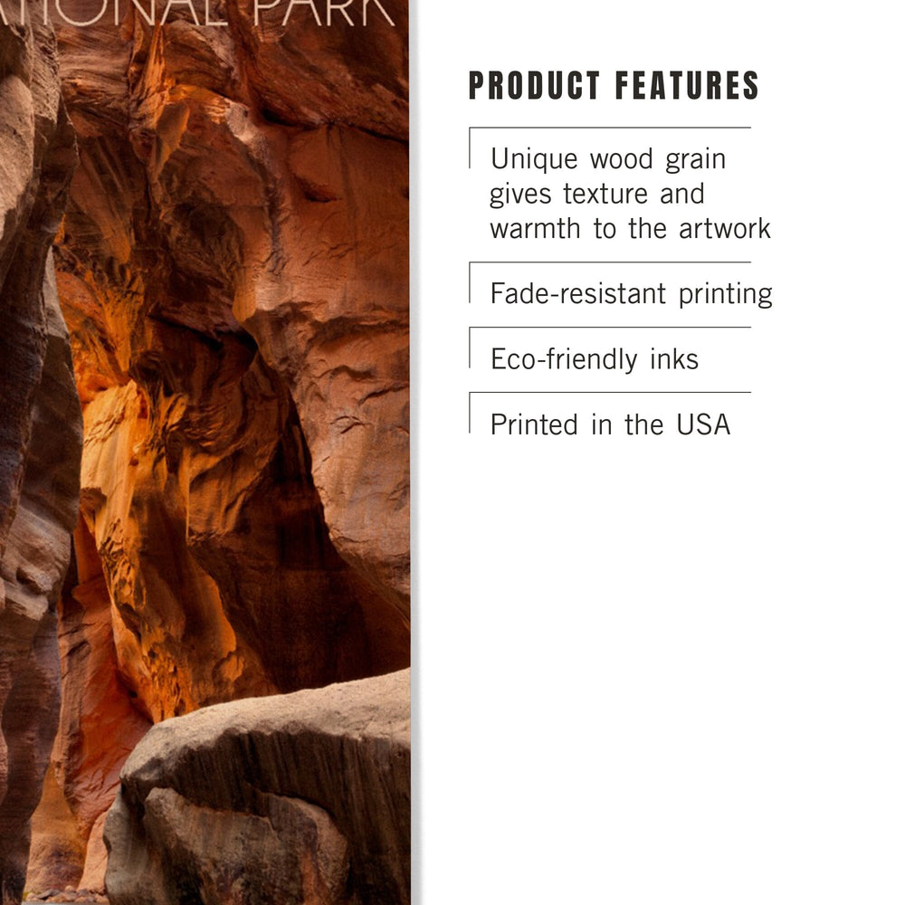 Zion National Park, Utah, Slot Canyon, Lantern Press Photography, Wood Signs and Postcards Wood Lantern Press