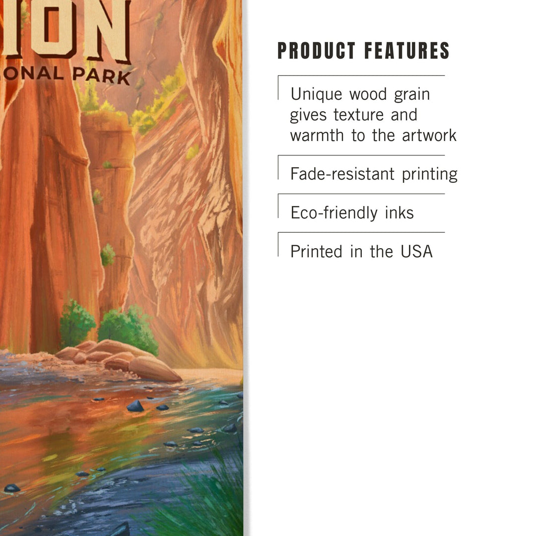 Zion National Park, Utah, The Narrows, Oil Painting, Lantern Press Artwork, Wood Signs and Postcards Wood Lantern Press
