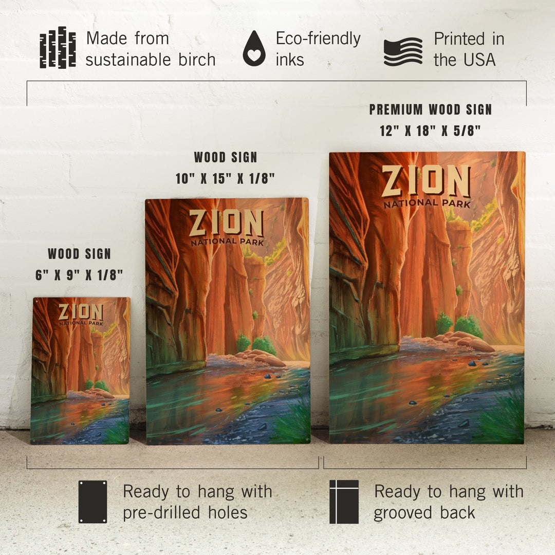 Zion National Park, Utah, The Narrows, Oil Painting, Lantern Press Artwork, Wood Signs and Postcards Wood Lantern Press