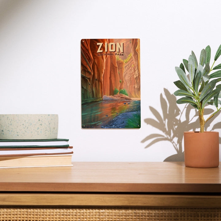 Zion National Park, Utah, The Narrows, Oil Painting, Lantern Press Artwork, Wood Signs and Postcards Wood Lantern Press