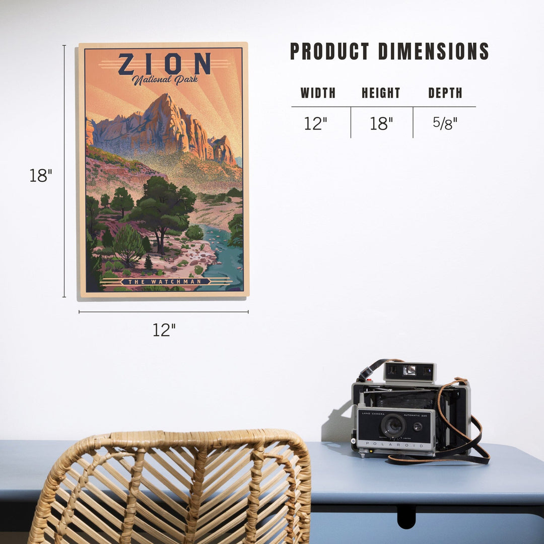 Zion National Park, Utah, The Watchman, Lithograph National Park Series, Lantern Press Artwork, Wood Signs and Postcards Wood Lantern Press