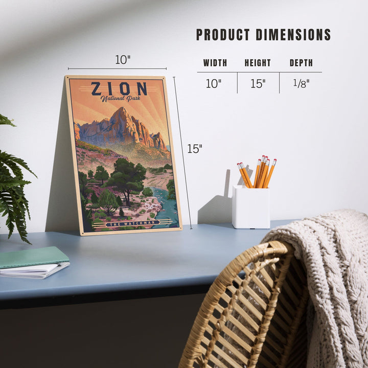 Zion National Park, Utah, The Watchman, Lithograph National Park Series, Lantern Press Artwork, Wood Signs and Postcards Wood Lantern Press