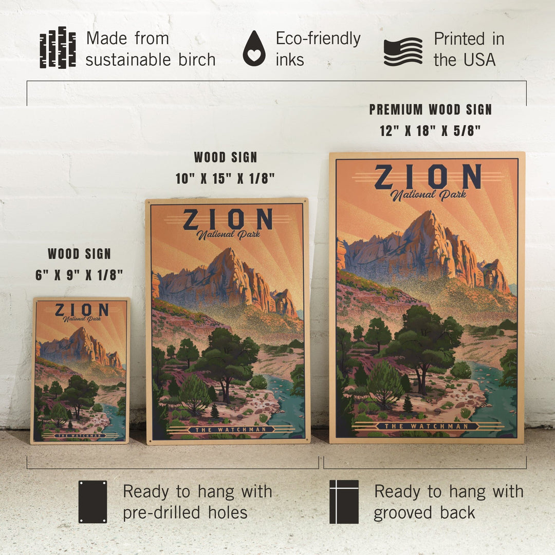 Zion National Park, Utah, The Watchman, Lithograph National Park Series, Lantern Press Artwork, Wood Signs and Postcards Wood Lantern Press