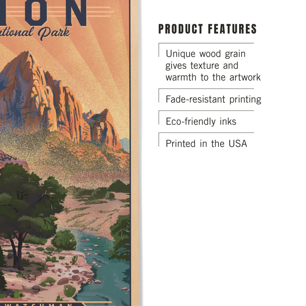 Zion National Park, Utah, The Watchman, Lithograph National Park Series, Lantern Press Artwork, Wood Signs and Postcards Wood Lantern Press