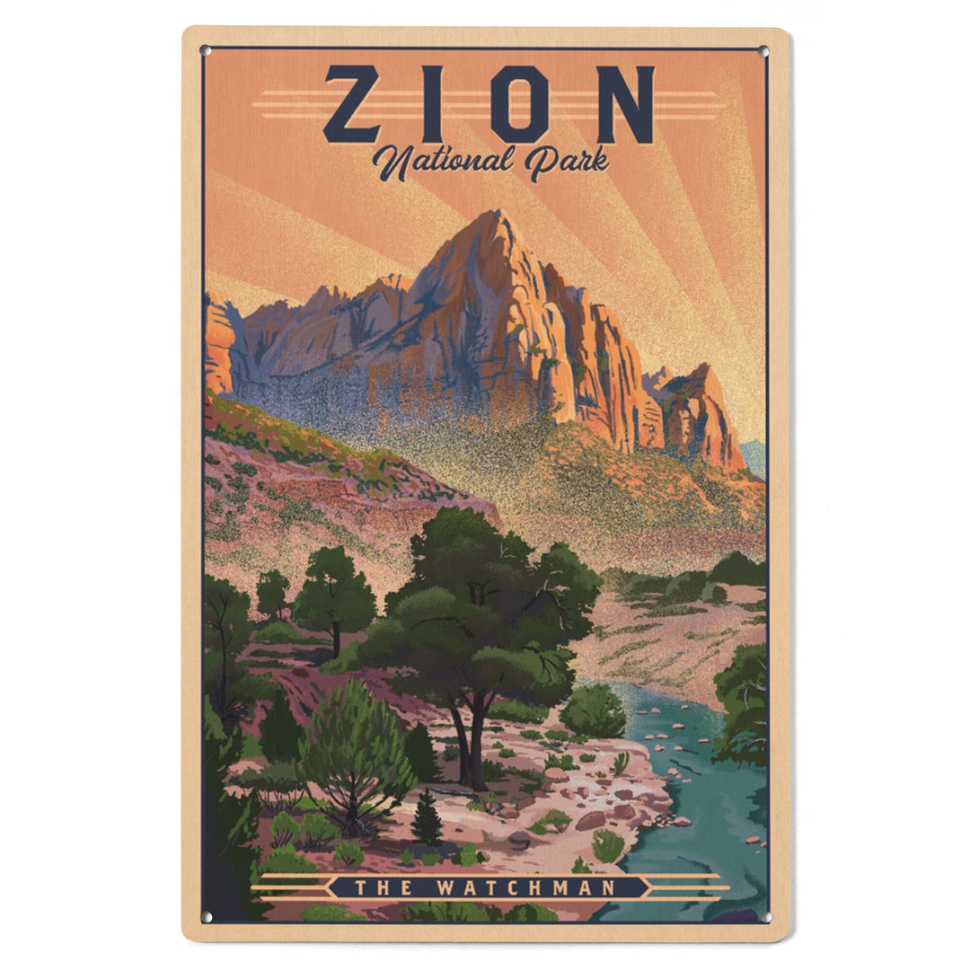 Zion National Park, Utah, The Watchman, Lithograph National Park Series, Lantern Press Artwork, Wood Signs and Postcards Wood Lantern Press