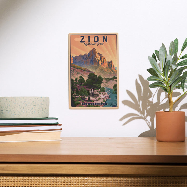 Zion National Park, Utah, The Watchman, Lithograph National Park Series, Lantern Press Artwork, Wood Signs and Postcards Wood Lantern Press