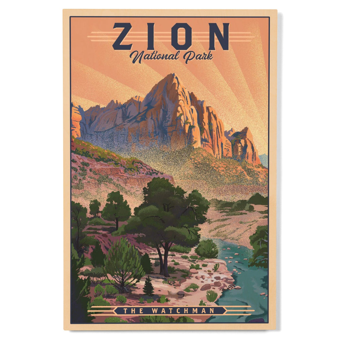 Zion National Park, Utah, The Watchman, Lithograph National Park Series, Lantern Press Artwork, Wood Signs and Postcards Wood Lantern Press