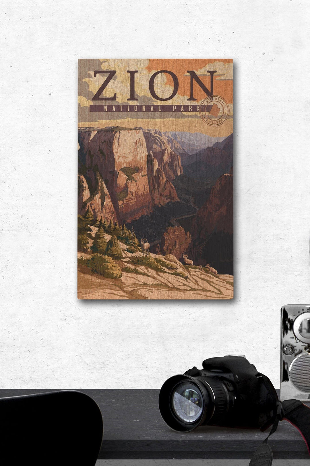 Zion National Park, Zion Canyon Sunset, Typography, Lantern Press Artwork, Wood Signs and Postcards Wood Lantern Press 12 x 18 Wood Gallery Print