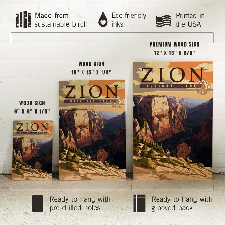 Zion National Park, Zion Canyon Sunset, Typography, Lantern Press Artwork, Wood Signs and Postcards Wood Lantern Press