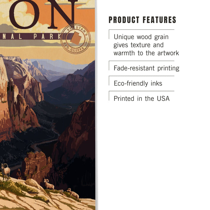 Zion National Park, Zion Canyon Sunset, Typography, Lantern Press Artwork, Wood Signs and Postcards Wood Lantern Press