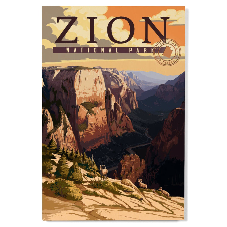 Zion National Park, Zion Canyon Sunset, Typography, Lantern Press Artwork, Wood Signs and Postcards Wood Lantern Press